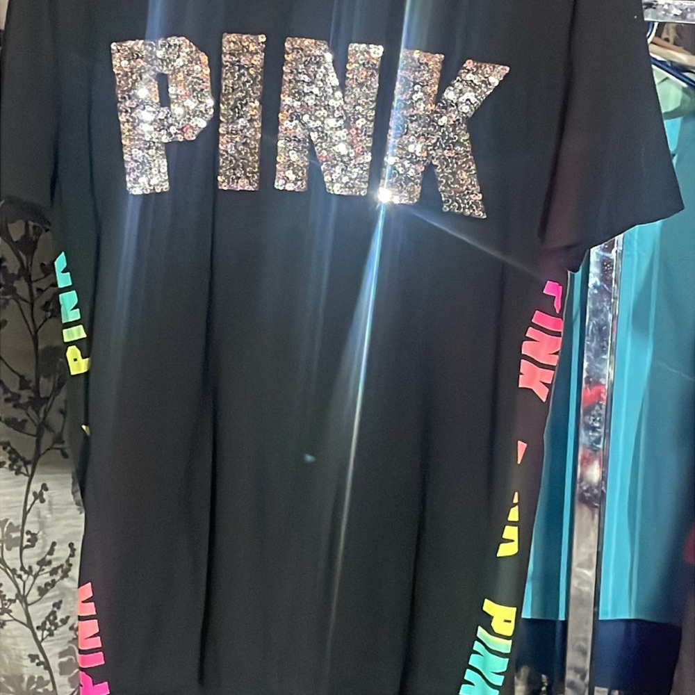 PINK Victoria's Secret Black Tee with BLING & Neon Rainbow Logo